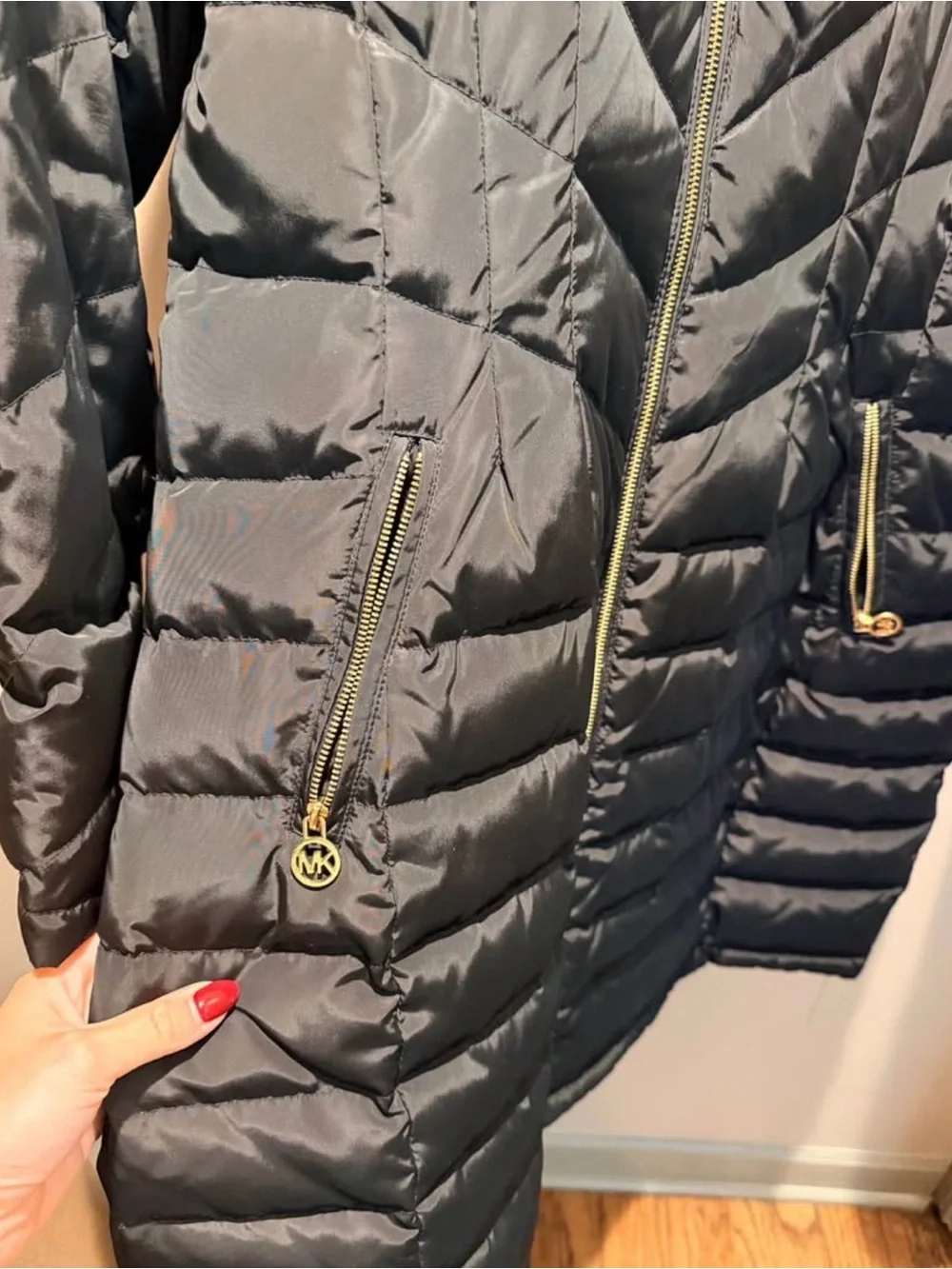 Michael Kors Black Quilted Long Puffer Coat with Gold Hardware